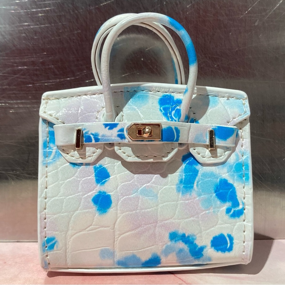 🐊 👜 Handmade Mini Blue Crocodile Pattern Birkin AirPods Tote Bag Charm Miniature